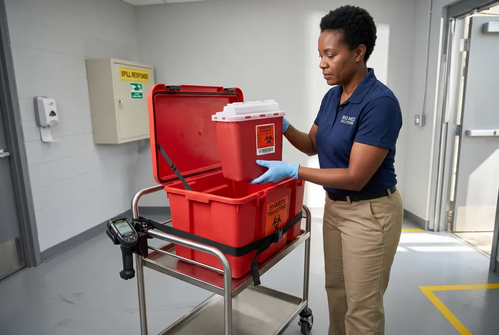 Technician packing sealed containers for shipment