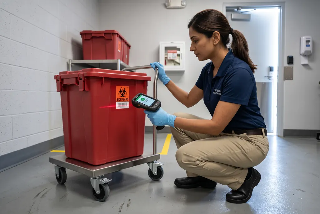 BioMed technician scanning the label on a red biohazard container before it is collected