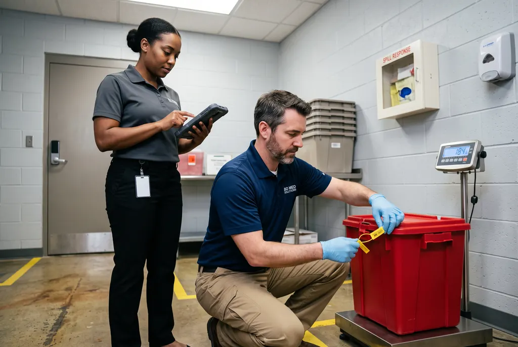 Technician weighing a sealed red biohazard container while a staff member records it on a tablet