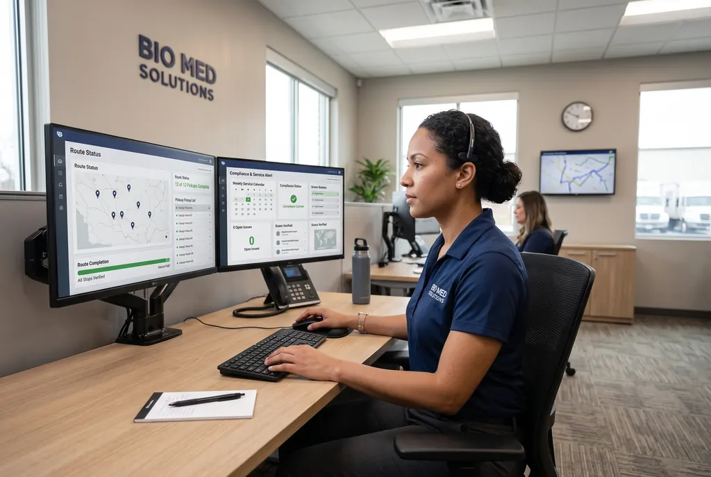 BioMed staff member at a desk with the service and compliance dashboard on two screens
