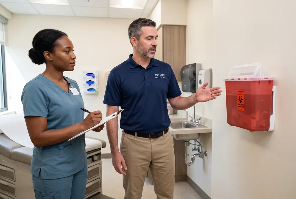 A BioMed technician walks a nurse through the sharps container mounted in an exam room