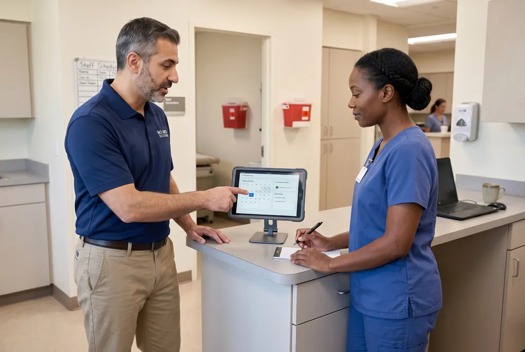 BioMed technician going over service details with a clinic staff member at the front desk