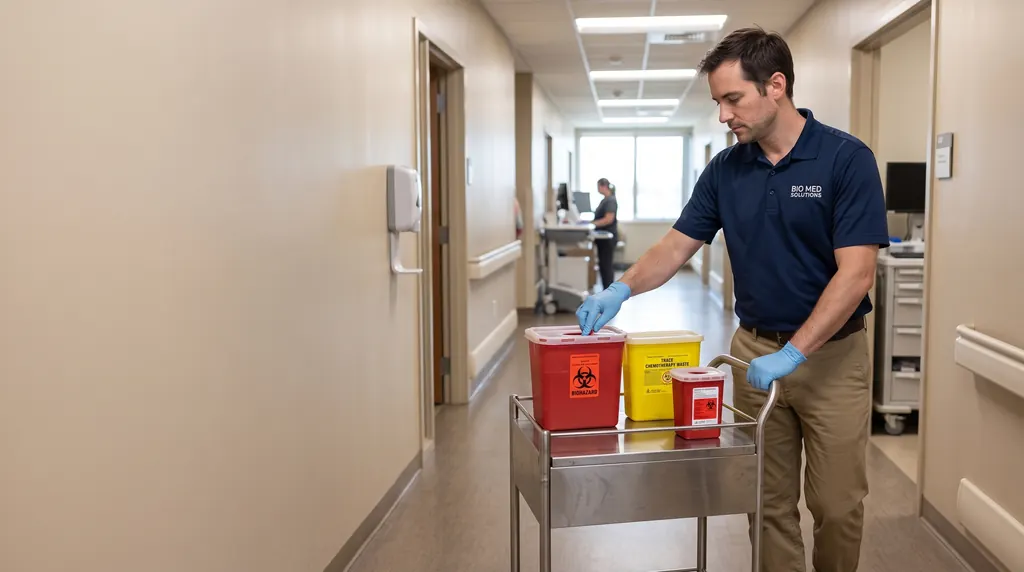 Technician sorting sealed containers on a cart in a clinic hallway