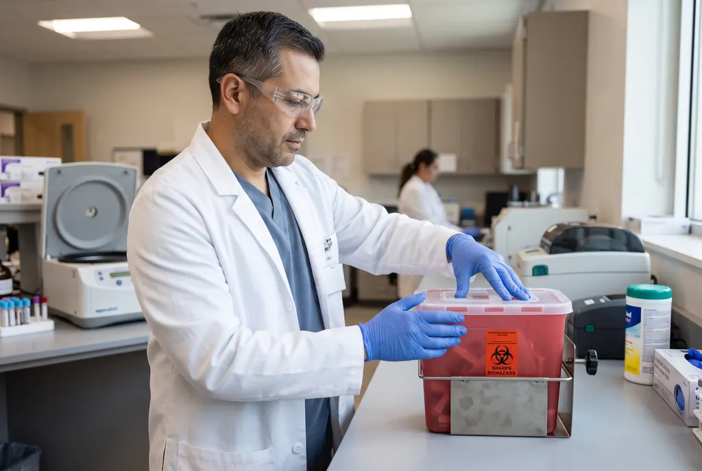 Laboratory technician in a white coat placing waste into a sealed disposal container