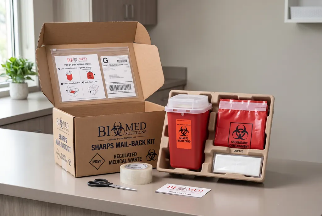 BioMed sharps mail-back kit: shipping box, red sharps container and secondary containment bag