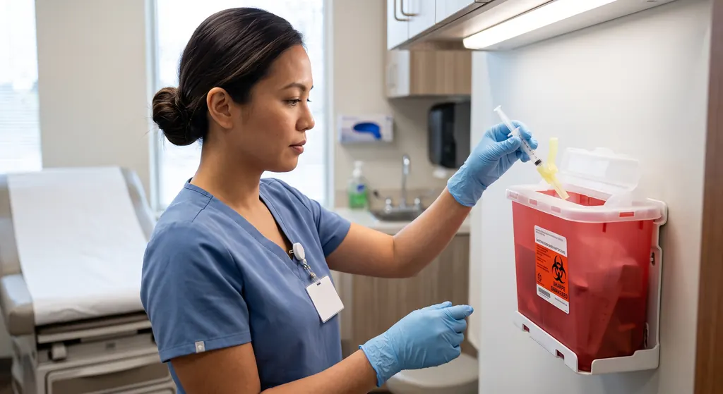 Nurse dropping a used syringe into a wall-mounted sharps container