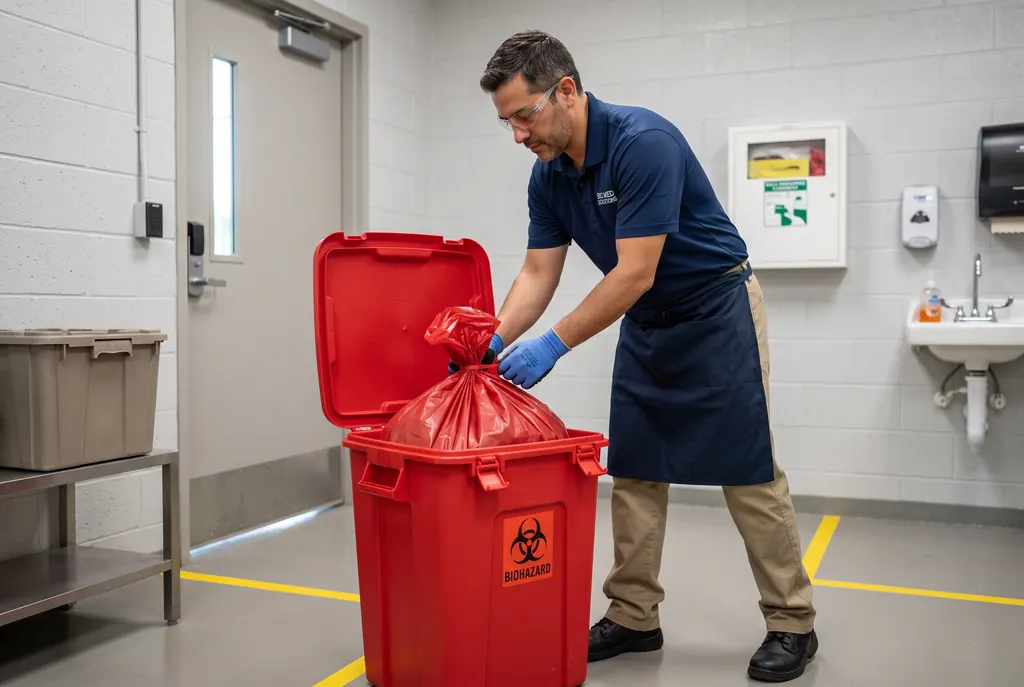 BioMed technician tying off a red biohazard bag inside a collection container