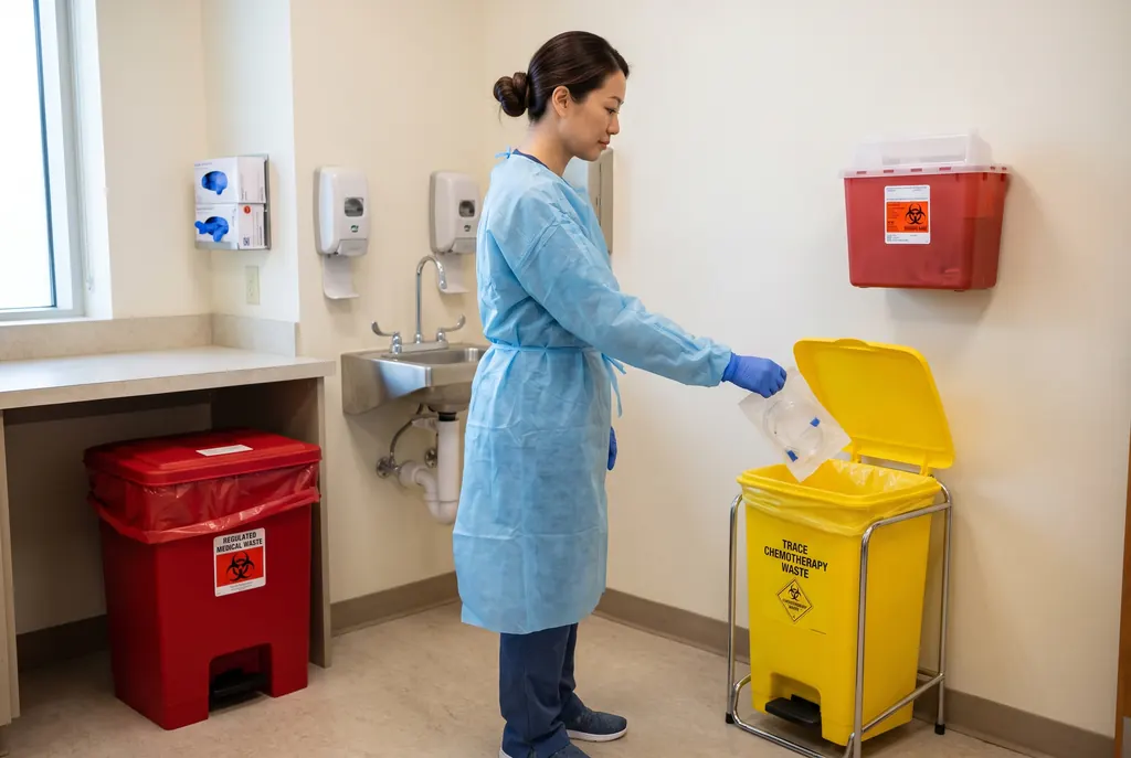 Staff member in a protective gown sorting waste into the correct containers at a segregation station