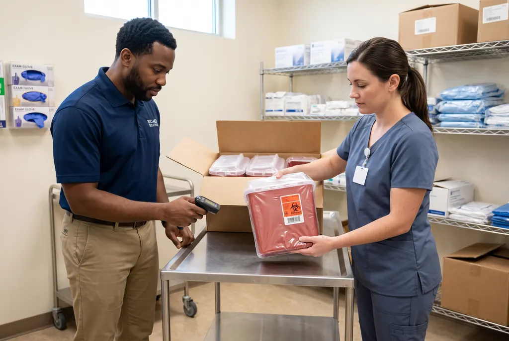 Technician and clinic staff member checking labeled boxes on supply room shelves