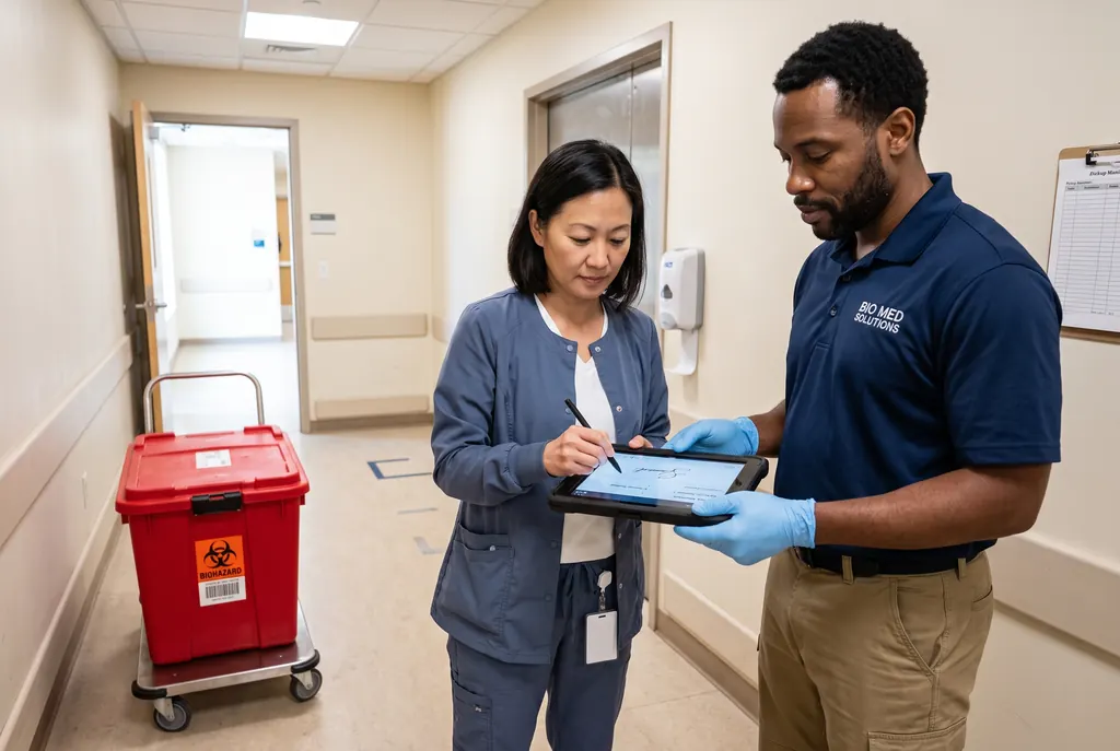 Technician and clinic manager reviewing the pickup record on a tablet