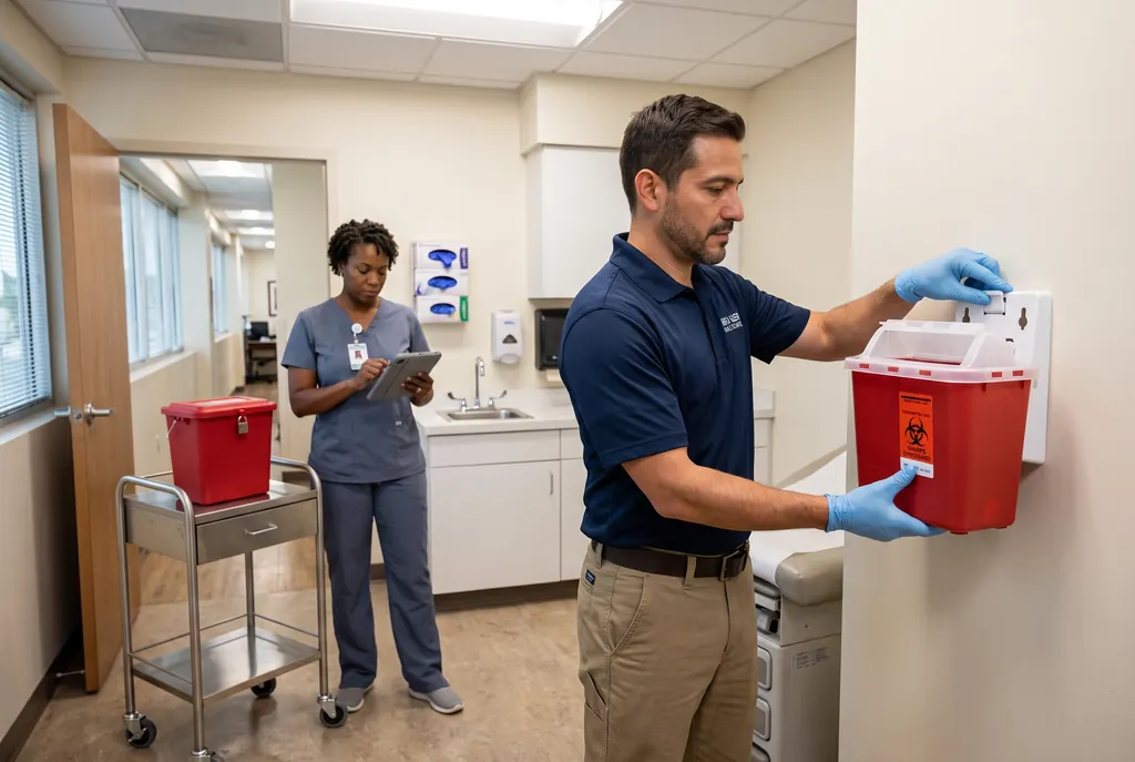 Technician fitting a new wall-mounted sharps container in a clinic room
